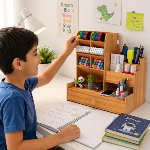 AccuPrints Sumiko Wooden Desk Organizer with Drawer, Multi-Functional Stationery Holder & Storage Box for Office Supplies, Pen Stand, Makeup & Desktop Accessories - Image 5
