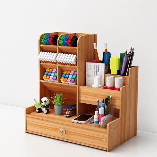 AccuPrints Sumiko Wooden Desk Organizer with Drawer, Multi-Functional Stationery Holder & Storage Box for Office Supplies, Pen Stand, Makeup & Desktop Accessories - Image 1
