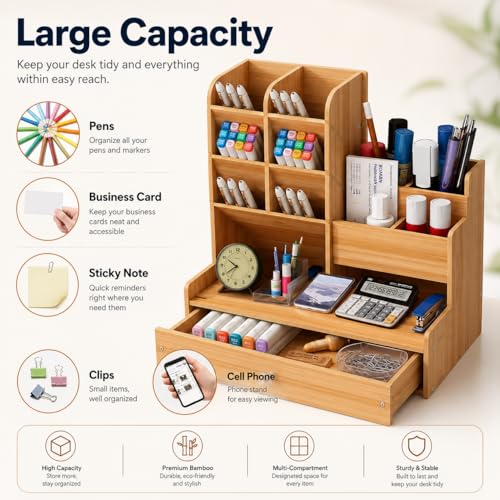 AccuPrints Sumiko Wooden Desk Organizer with Drawer, Multi-Functional Stationery Holder & Storage Box for Office Supplies, Pen Stand, Makeup & Desktop Accessories - Image 4