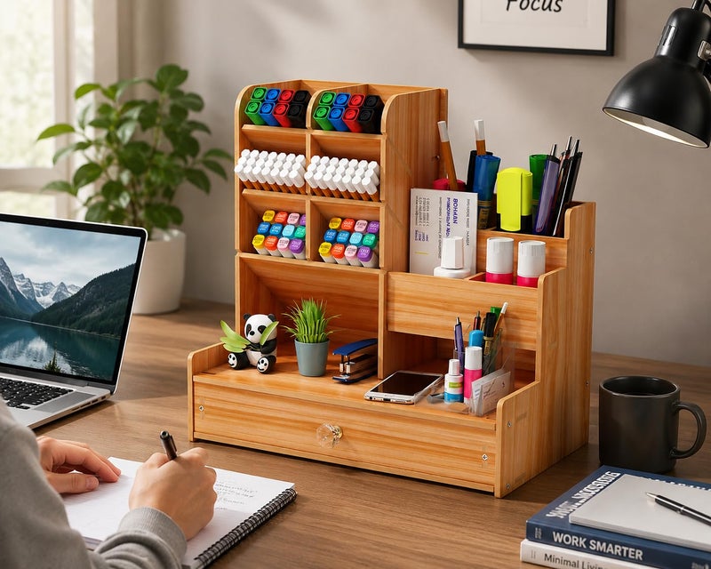 AccuPrints Sumiko Wooden Desk Organizer with Drawer, Multi-Functional Stationery Holder & Storage Box for Office Supplies, Pen Stand, Makeup & Desktop Accessories - Image 2