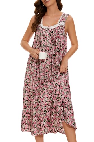 AVIIER Cotton Nightgowns for Women Sleeveless House Dress Ladies Long Nightdress with Pockets (Black Rose, Medium)… - Image 3