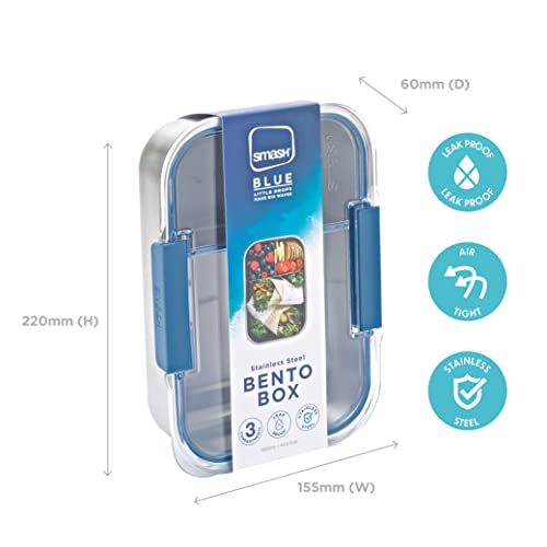 Smash Stainless Steel Bento Lunch Box 3 Compartments Blue 1300ml - Image 3