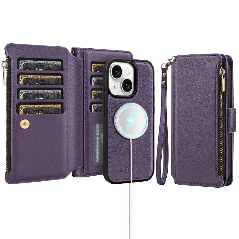 Antsturdy Compatible with Magsafe Magnetic 2 in 1 Detachable iPhone 13 Wallet Case with Credit Card Holder Slots,PU Leather RFID Blocking Phone Cover Wrist Strap Zipper Women Men,Purple - Image 1