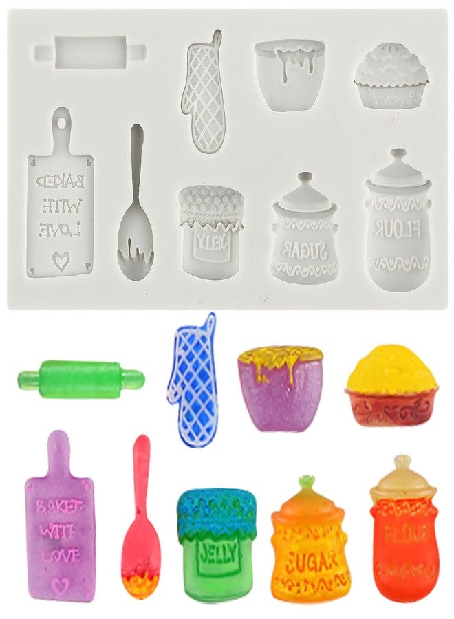MINFEIDMS Miniature Home Baking Silicone Molds Rolling Pin Oven Glove Cake Bowl Wooden Spoon Chocolate Fondant Mold for Cake Decoration Cupcake Topper Candy Sugar Craft Polymer Clay Gum Paste - Image 1