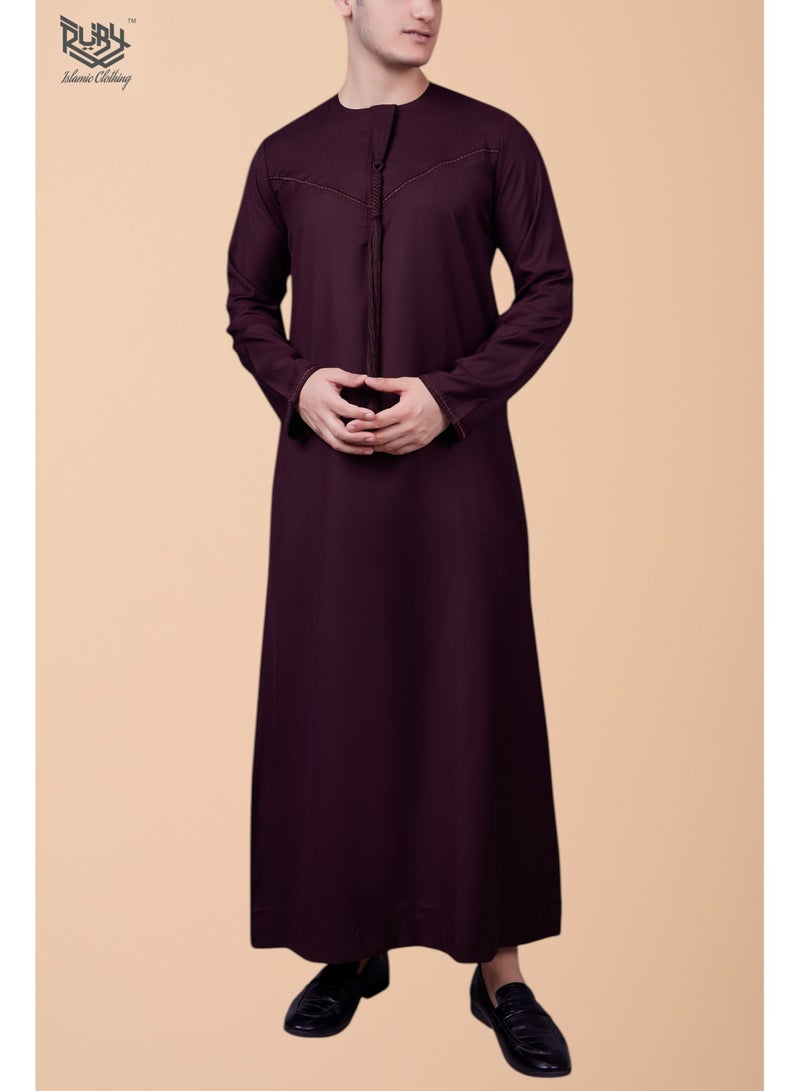 روبي للملابس الإسلامية ثوب إماراتي كلاسيكي باللون العنابي للرجال مع سحاب وتطريز متقن، كندورة رجالية، قفطان، رقبة دائرية، أكمام طويلة، رداء موسلين سعودي - Image 2