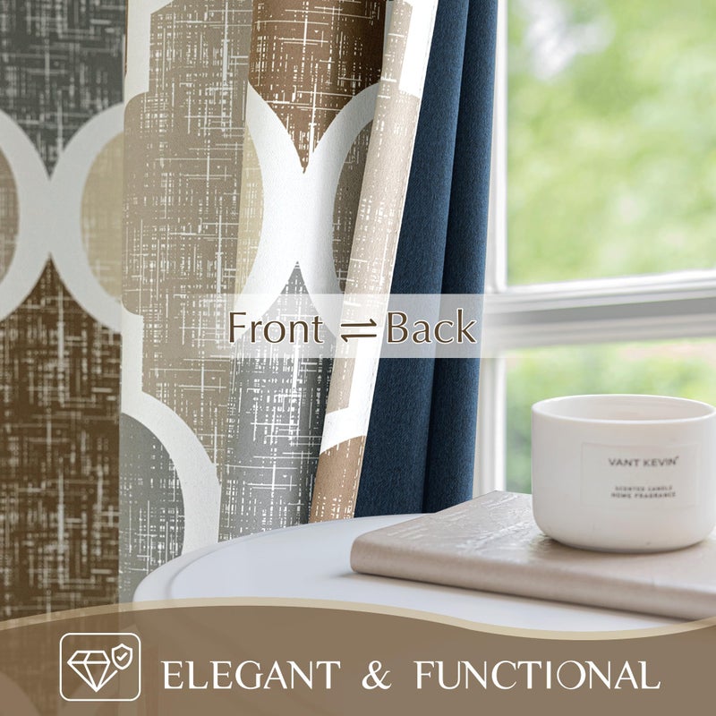 Beauoop 100% Blackout Curtains 63 Inches Long 2 Panels for Bedroom Living Room Brown Grey Moroccan Geo Room Darkening Thermal Insulated Soundproof Grommet Top Window Treatments Drapes, 50x63 Set of 2 - Image 3