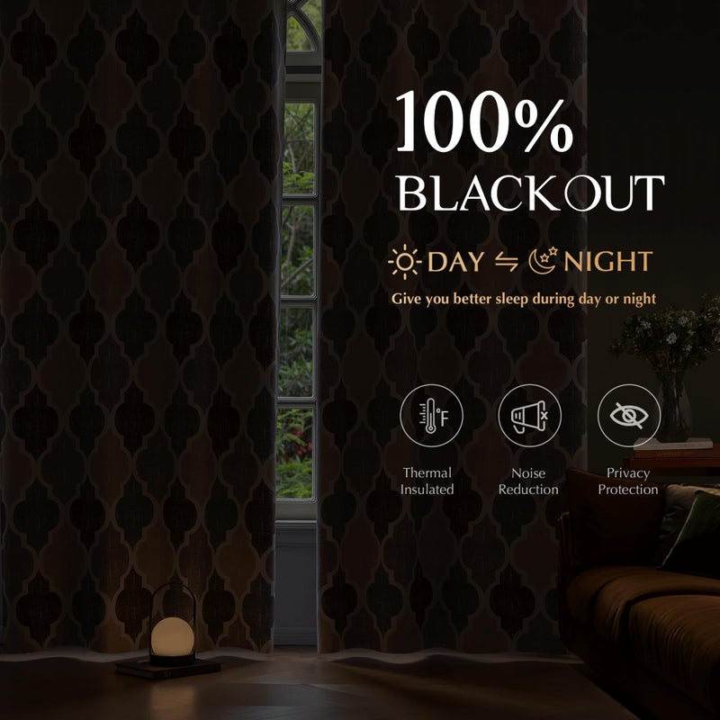 Beauoop 100% Blackout Curtains 63 Inches Long 2 Panels for Bedroom Living Room Brown Grey Moroccan Geo Room Darkening Thermal Insulated Soundproof Grommet Top Window Treatments Drapes, 50x63 Set of 2 - Image 2