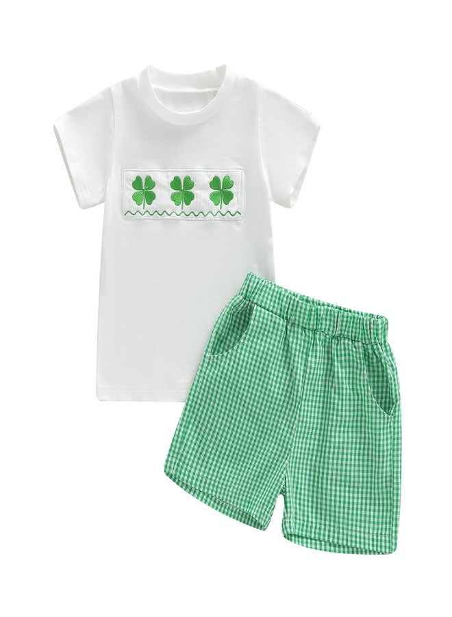 Karuedoo Toddler Baby Boy St Patricks Day Outfit Clover Embroidery Smocked Short Sleeve T-Shirt Top and Plaid Shorts Set (A-White, 2-3T) - Image 1