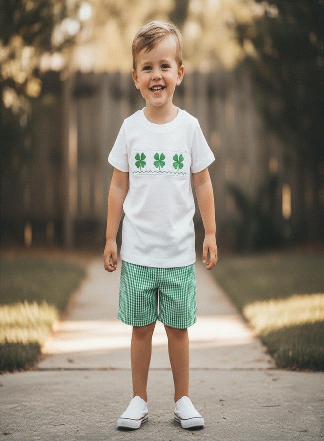 Karuedoo Toddler Baby Boy St Patricks Day Outfit Clover Embroidery Smocked Short Sleeve T-Shirt Top and Plaid Shorts Set (A-White, 2-3T) - Image 2