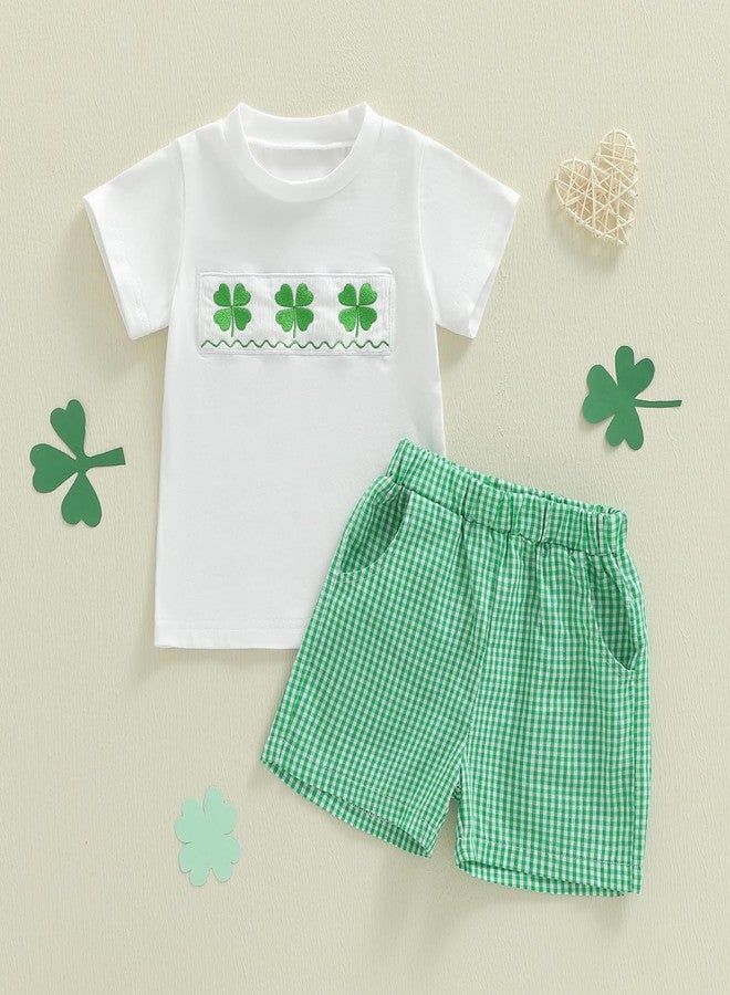 Karuedoo Toddler Baby Boy St Patricks Day Outfit Clover Embroidery Smocked Short Sleeve T-Shirt Top and Plaid Shorts Set (A-White, 2-3T) - Image 5