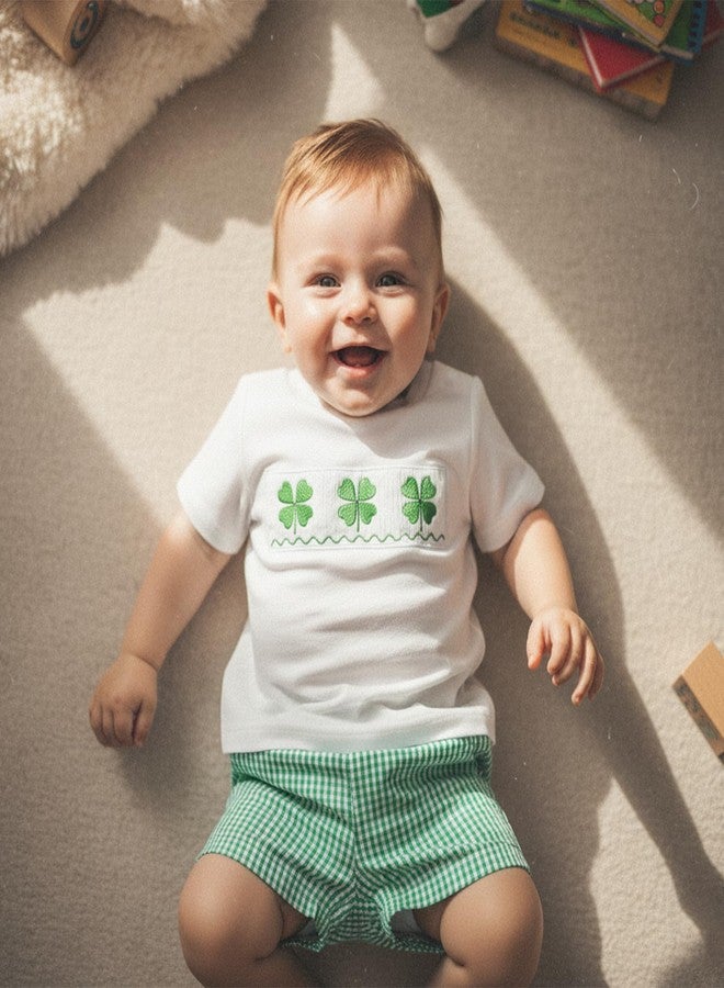 Karuedoo Toddler Baby Boy St Patricks Day Outfit Clover Embroidery Smocked Short Sleeve T-Shirt Top and Plaid Shorts Set (A-White, 2-3T) - Image 4