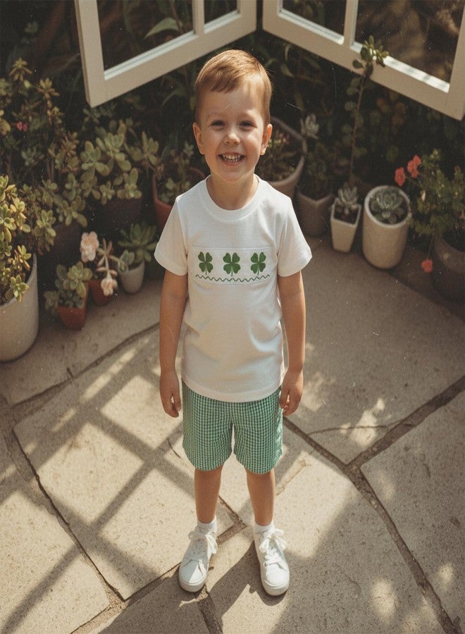Karuedoo Toddler Baby Boy St Patricks Day Outfit Clover Embroidery Smocked Short Sleeve T-Shirt Top and Plaid Shorts Set (A-White, 2-3T) - Image 3