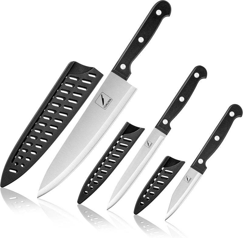 COKUMA Kitchen Knife, 3-Pcs Knife Set With Sheath, 8 Inch Chef Knife, 4.5 Inch Utility Knife, 4 Inch Paring Chef Knife, Stainless Steel, Black - Image 1