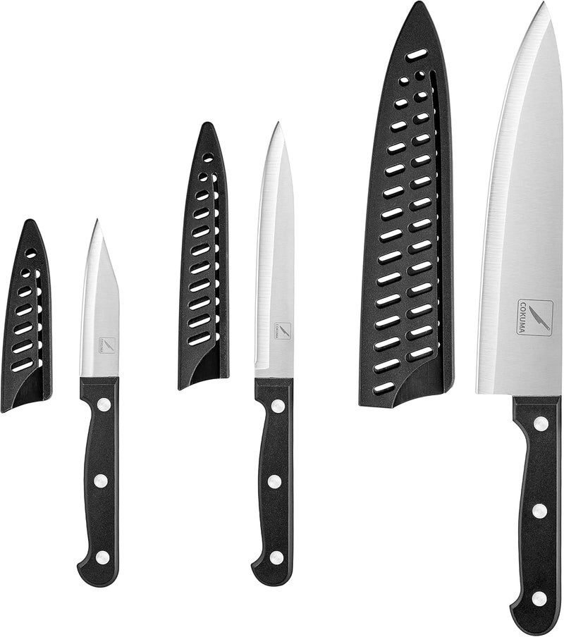 COKUMA Kitchen Knife, 3-Pcs Knife Set With Sheath, 8 Inch Chef Knife, 4.5 Inch Utility Knife, 4 Inch Paring Chef Knife, Stainless Steel, Black - Image 2