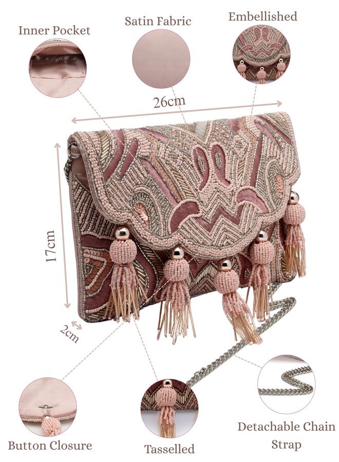 Anekaant Boho Dusty Pink Abstract Embellished Satin Sling Bag - Image 4