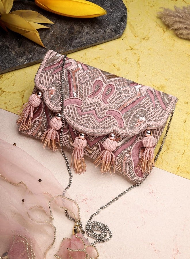Anekaant Boho Dusty Pink Abstract Embellished Satin Sling Bag - Image 2