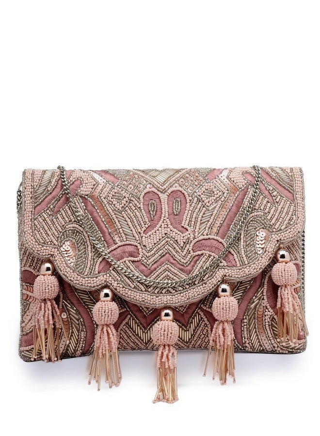 Anekaant Boho Dusty Pink Abstract Embellished Satin Sling Bag - Image 1