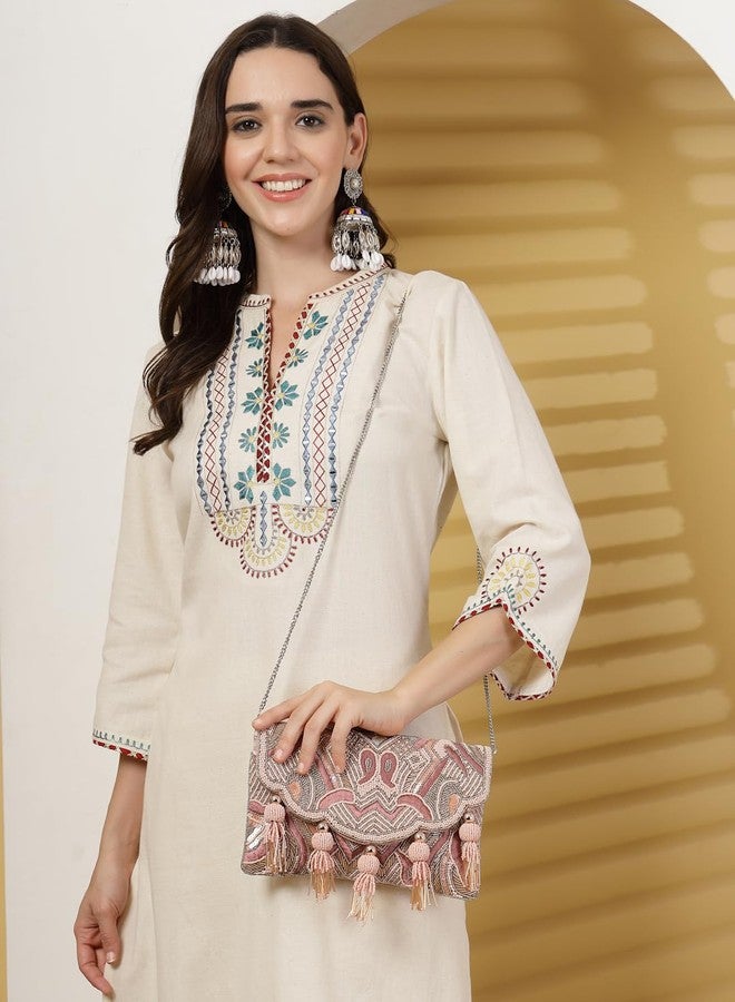 Anekaant Boho Dusty Pink Abstract Embellished Satin Sling Bag - Image 3