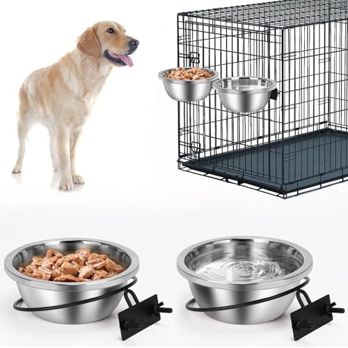 ShineMe Crate Bowls for Large Dogs ShineMe Heavy Duty Hanging Dog Bowls for Kennel Cage Crates No Spill Stainless Steel Dog Crate Water Bowl or Large and Medium Dogs 56oz Set of 2 - Image 1