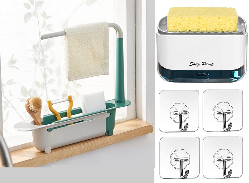 Styxon Telescopic 2-in-1 Sink Storage Rack, Kitchen Dish Soap Dispenser, Self Adhesive Hooks Hangers | Combo - Image 1