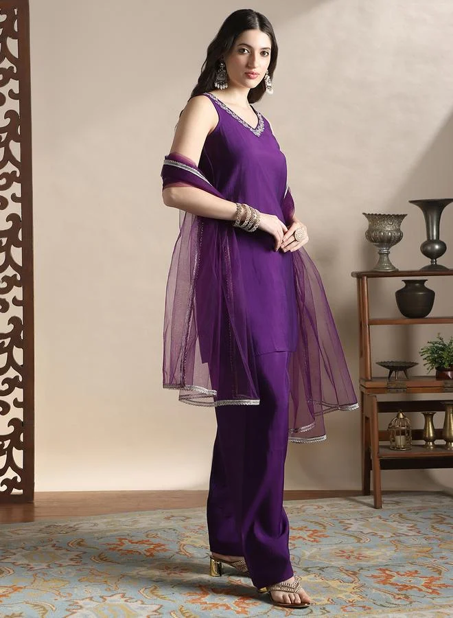 globus Zari Embroidered Sleeveless Kurti, Pants and Taping Dupatta Festive Set