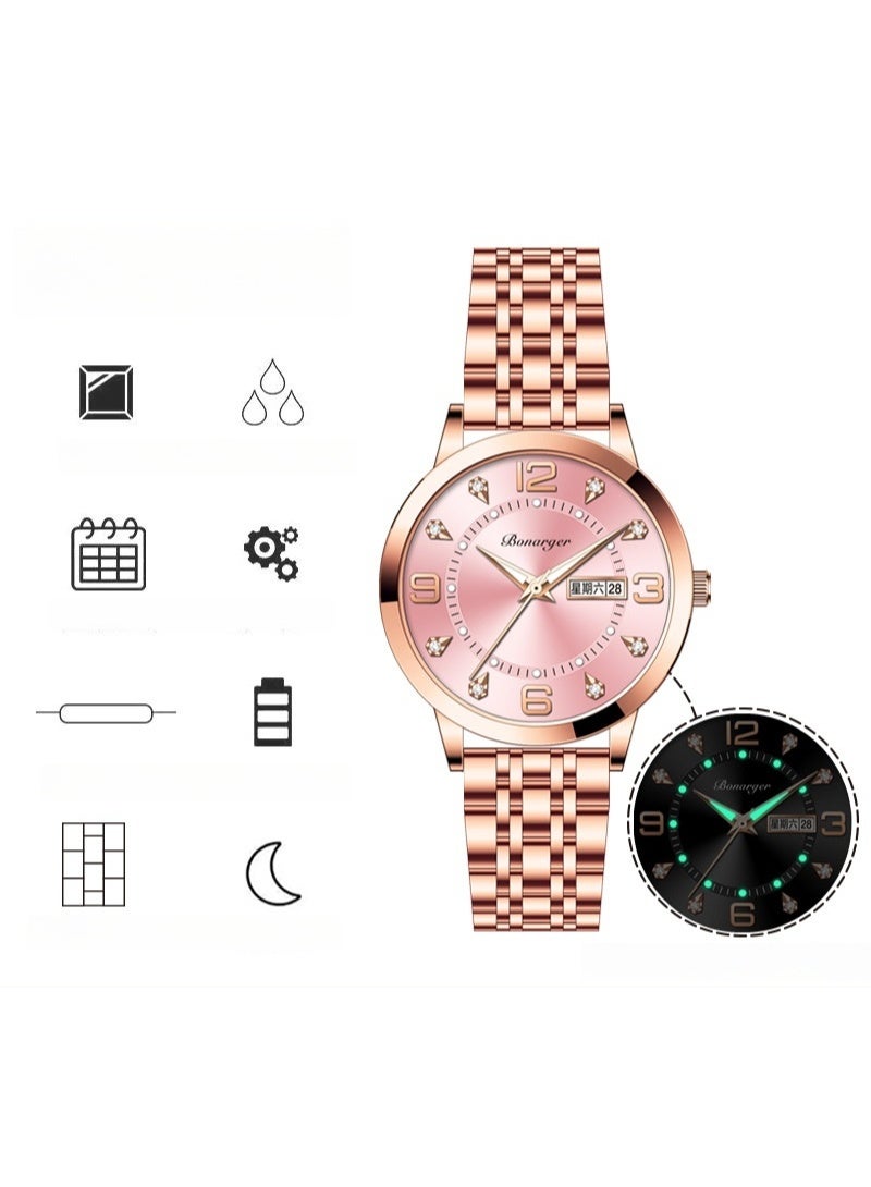 BONARGER Women's luxury water-resistant luminous quartz watch with a stainless steel strap - Image 2