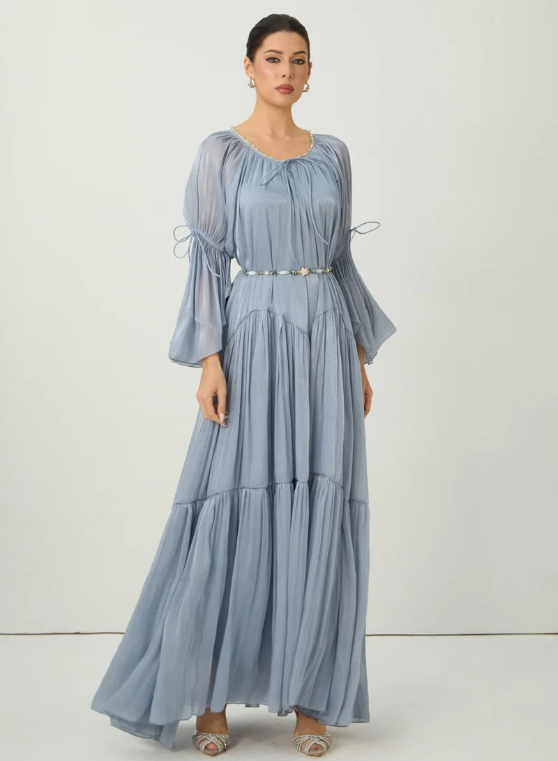 Sunfere Remarkable Arrival Blue Ruffle Sleeve Ruffle Maxi Dress
