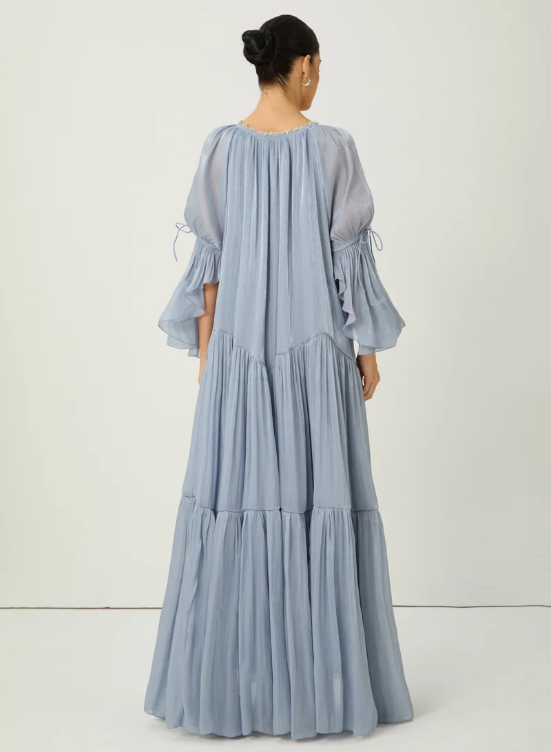 Sunfere  Remarkable Arrival Blue Ruffle Sleeve Ruffle Maxi Dress for Women | Best Price UAE
