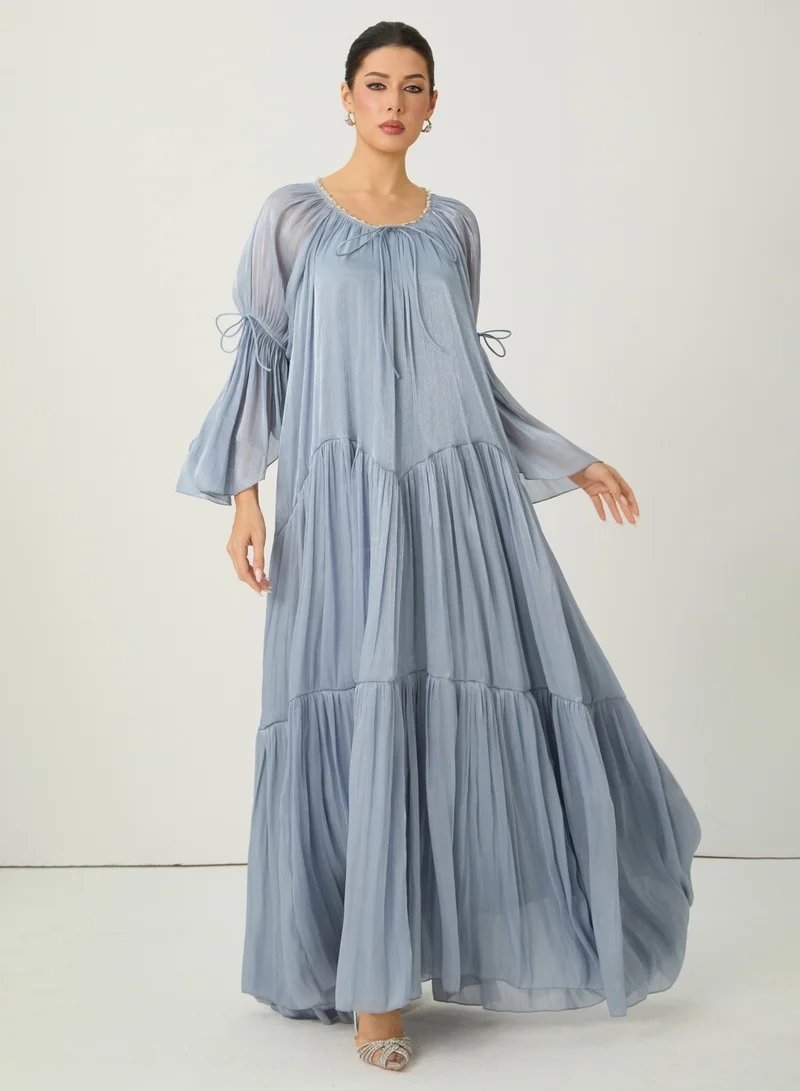 Sunfere  Remarkable Arrival Blue Ruffle Sleeve Ruffle Maxi Dress for Women | Best Price UAE