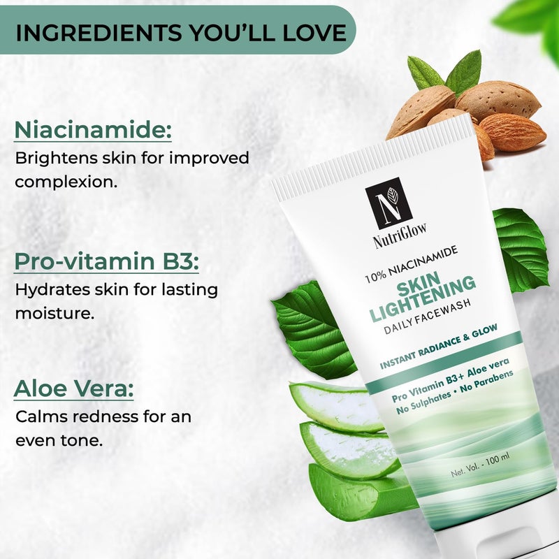 NutriGlow 10% Niacinamide Daily Face Wash, Brightening Formula with Pro Vitamin B3, Aloe Vera, Paraben Free, All Skin Types For Men And Women (100ml) - Image 5