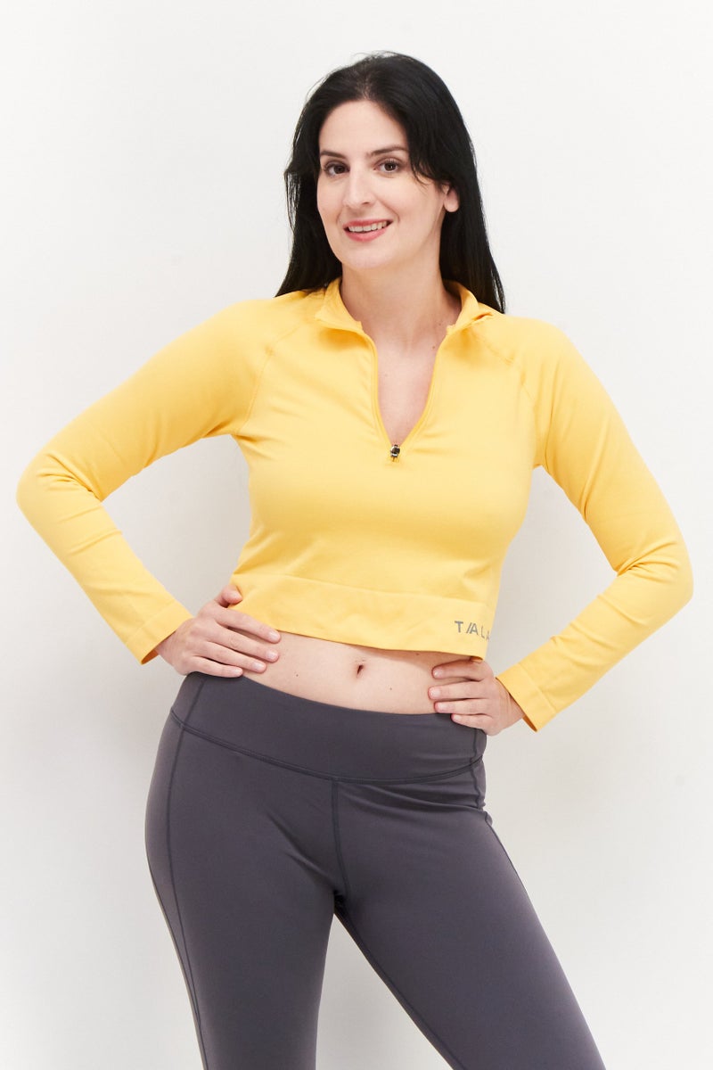 Tala بلوزة نسائية بأكمام طويلة وياقة عريضة، صفراء - Image 1