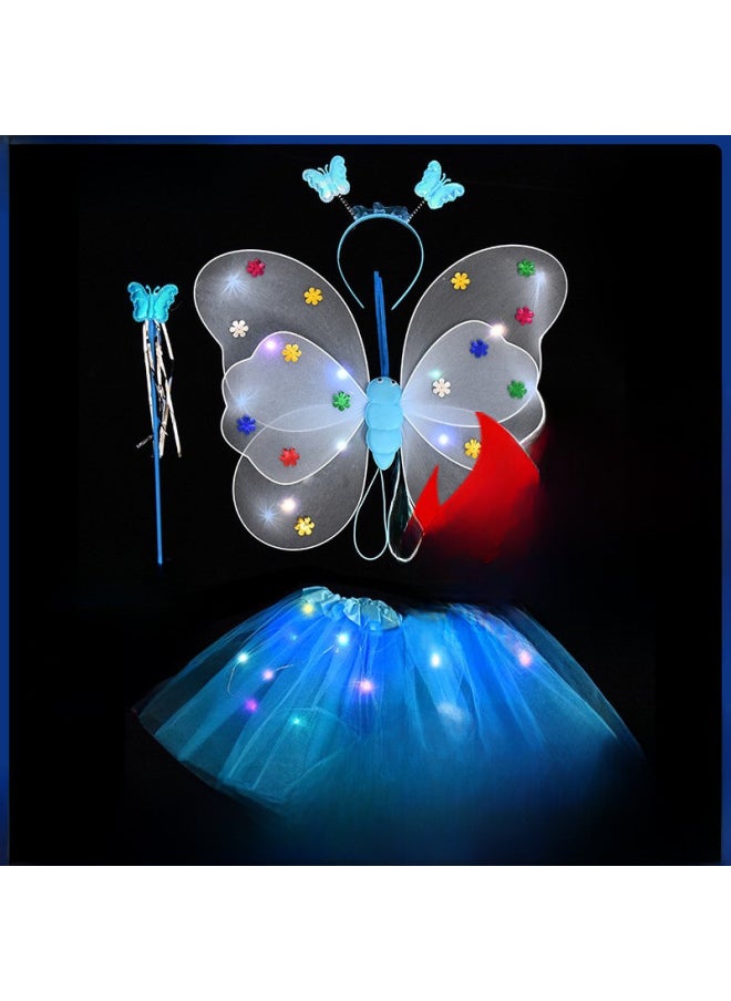 Women's Glowing Butterfly Wings Costume Set Light For Children's Performances Stage Props Dress Up Four Piece Set-Color:Blue-Specifications:20 Lamp Luminous Three-piece Set  - Image 2
