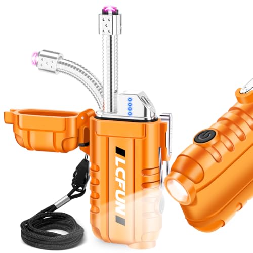 LcFun USB Rechargeable Electric Arc Lighter Windproof Plasma Lighters with LED Battery Display, Waterproof Electronic Flashlight Lighters with Lanyard for Camping, Survival Tactical Gear - Image 1