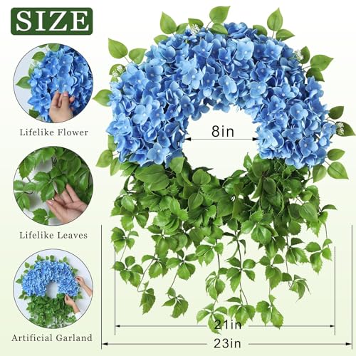 Juxdp Artificial Hydrangea Wreath for Front Door Outside - Fake Hydrangea Real Touch Ivy, Spring Summer Greenery Flowers Wreath, for Home Mantel Window Farmhouse Decor (23", Blue) - Image 5