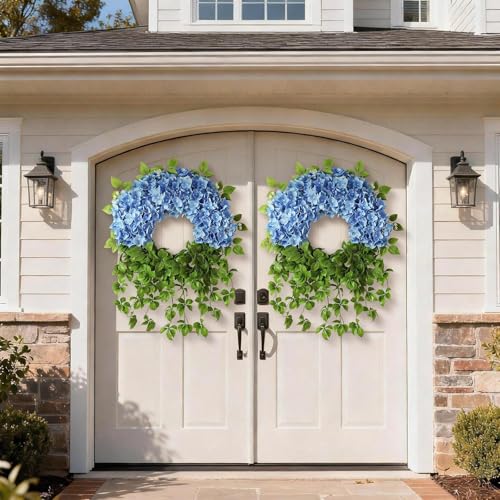 Juxdp Artificial Hydrangea Wreath for Front Door Outside - Fake Hydrangea Real Touch Ivy, Spring Summer Greenery Flowers Wreath, for Home Mantel Window Farmhouse Decor (23", Blue) - Image 3