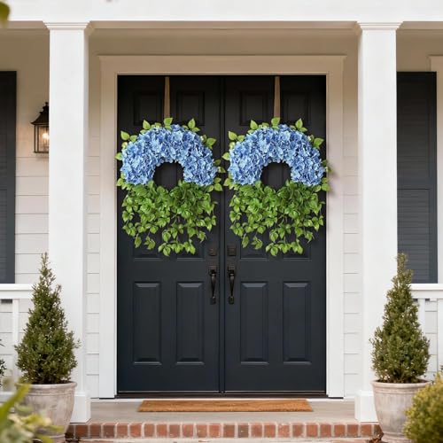 Juxdp Artificial Hydrangea Wreath for Front Door Outside - Fake Hydrangea Real Touch Ivy, Spring Summer Greenery Flowers Wreath, for Home Mantel Window Farmhouse Decor (23", Blue) - Image 4