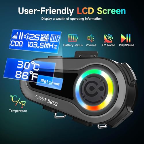 CASON FM Radio Helmet Bluetooth Device with LCD Screen & 6 EQ Sound,Bluetooth for Helmet,Headphone with FM Radio/AI Voice Assistant/IP67 Waterproof Set for All Helmets - Image 2