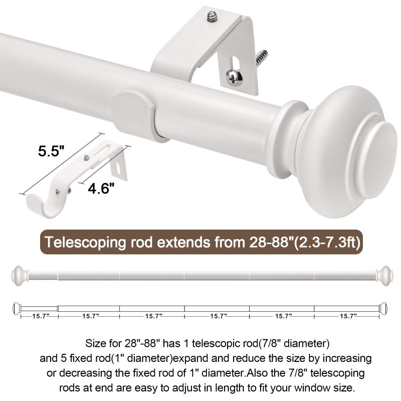 SIMEWIN White Curtain Rods for Windows 48 to 84 Inches Adjustable Decorative 1 Inch Diameter Single Window Curtain Rod Set with Classic Finials, White Finishing - Image 5