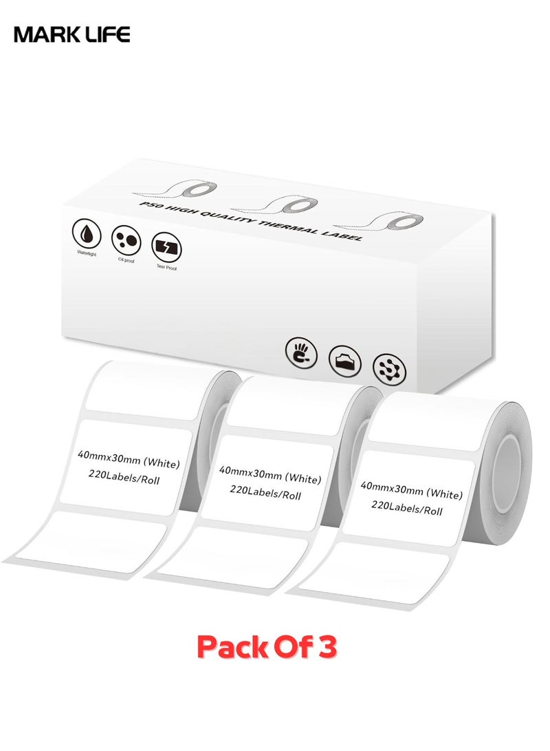 Marklife Thermal Label Paper 3-Pack (660 Labels) – 40×30mm White, Waterproof & Oil-Proof Labeling Tape For Label Maker Machine, Ideal For Home Office, Small Business & Barcode Printing  - Image 1