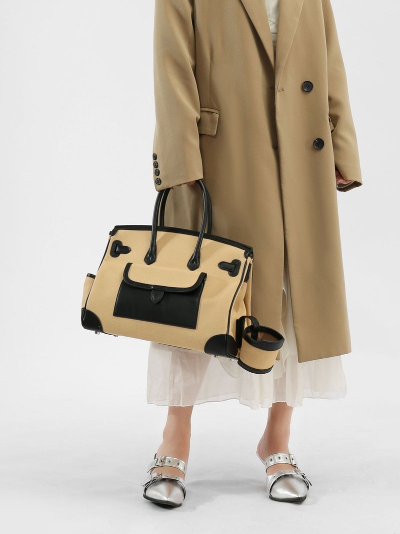2025 Season New Contrast Canvas Colorblock Portable Extra Large Platinum Bag Casual Travel Bag Shoulder Crossbody Women'S Bag - Image 3