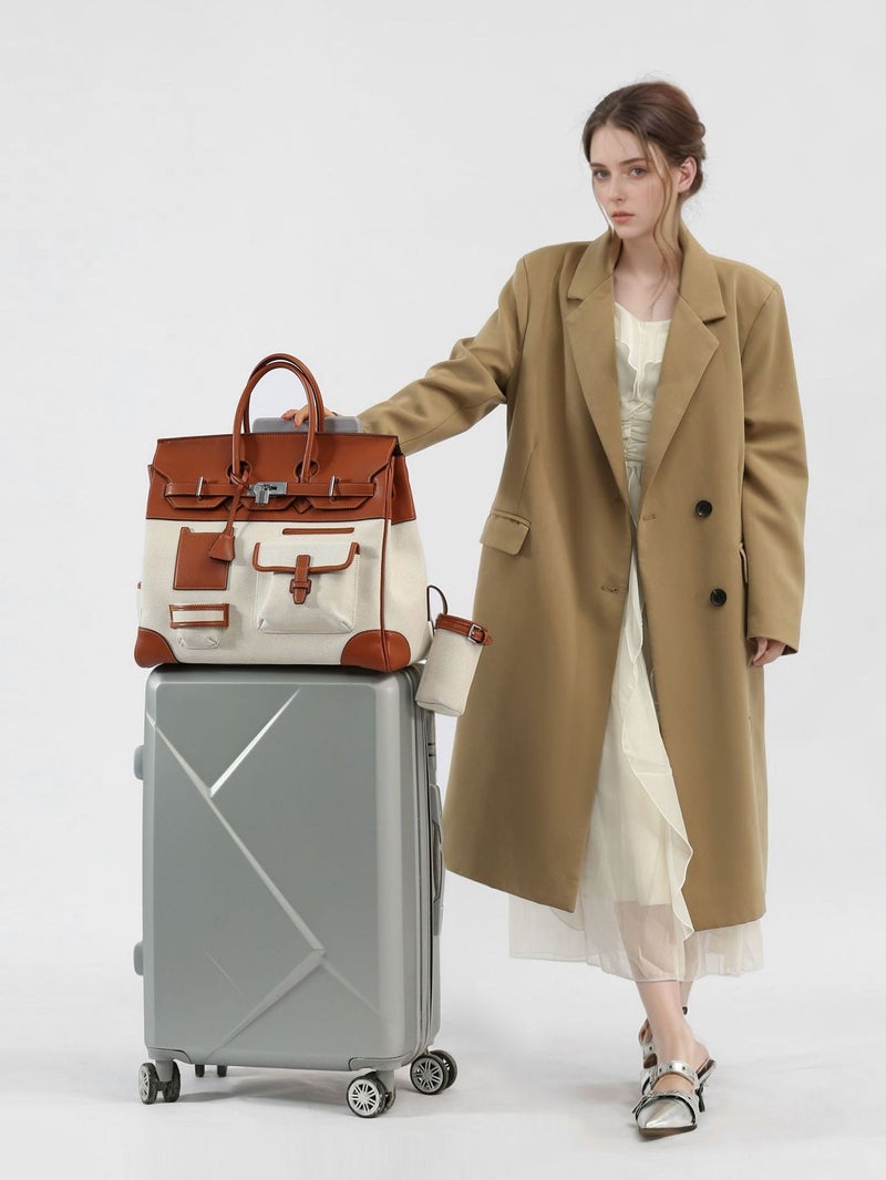2025 Season New Contrast Canvas Colorblock Portable Extra Large Platinum Bag Casual Travel Bag Shoulder Crossbody Women'S Bag - Image 2