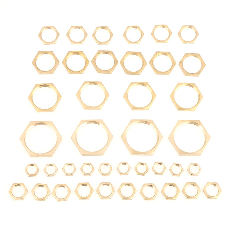 Brass Hexagonal Lock Nut Set 40 Pieces 6 Sizes G1/8 to G1 - Sturdy Durable Thin Nuts for Plumbing Pipe and Hose - Image 1