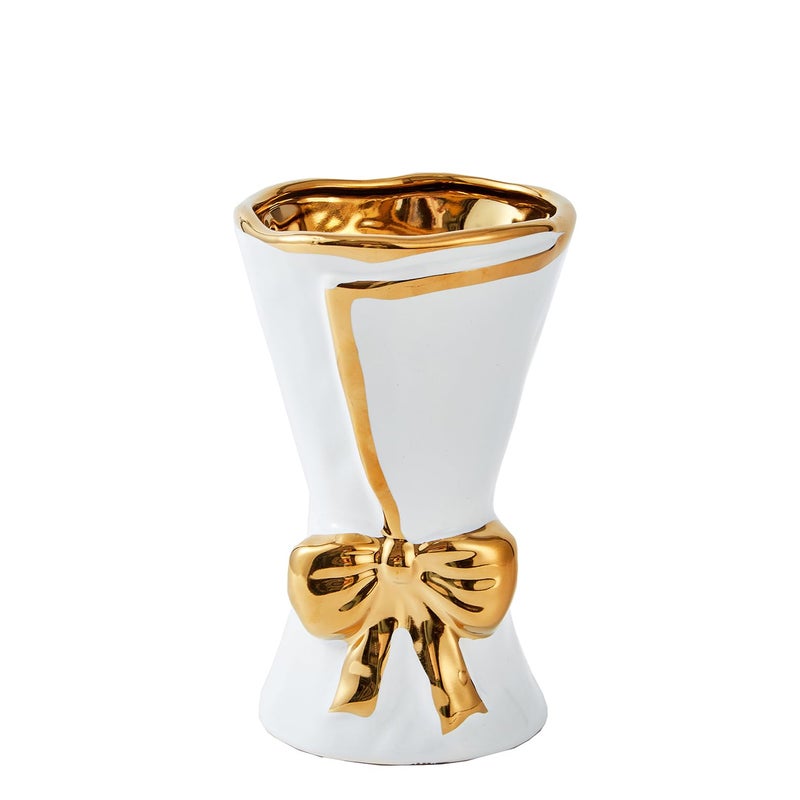 Ottalent White Ceramic Vase with Gold Bow, Bouquet Wrapping Design Flower Vase, Decorative Vase for Home,Bedroom, Office, Living Room, Bathroom, Tabletop Decor, Centerpiece - Image 1