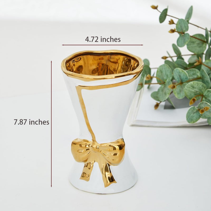Ottalent White Ceramic Vase with Gold Bow, Bouquet Wrapping Design Flower Vase, Decorative Vase for Home,Bedroom, Office, Living Room, Bathroom, Tabletop Decor, Centerpiece - Image 2