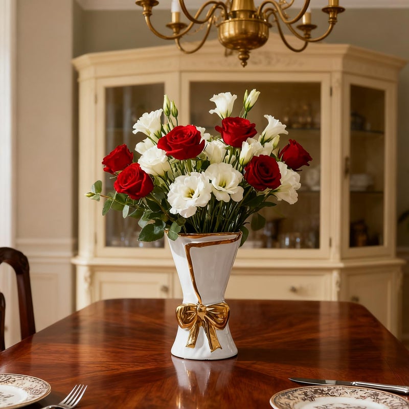 Ottalent White Ceramic Vase with Gold Bow, Bouquet Wrapping Design Flower Vase, Decorative Vase for Home,Bedroom, Office, Living Room, Bathroom, Tabletop Decor, Centerpiece - Image 5