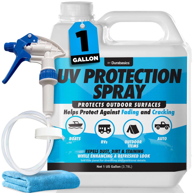 Durabasics رذاذ حماية من الأشعة فوق البنفسجية للأسطح الخارجية يساعد في تقليل التلاشي والتشقق والبقع غير دهنية بلمسة نهائية غير لامعة يتضمن بخاخ ومنديل للاستخدام على الفينيل والبلاستيك والمطاط والمزيد