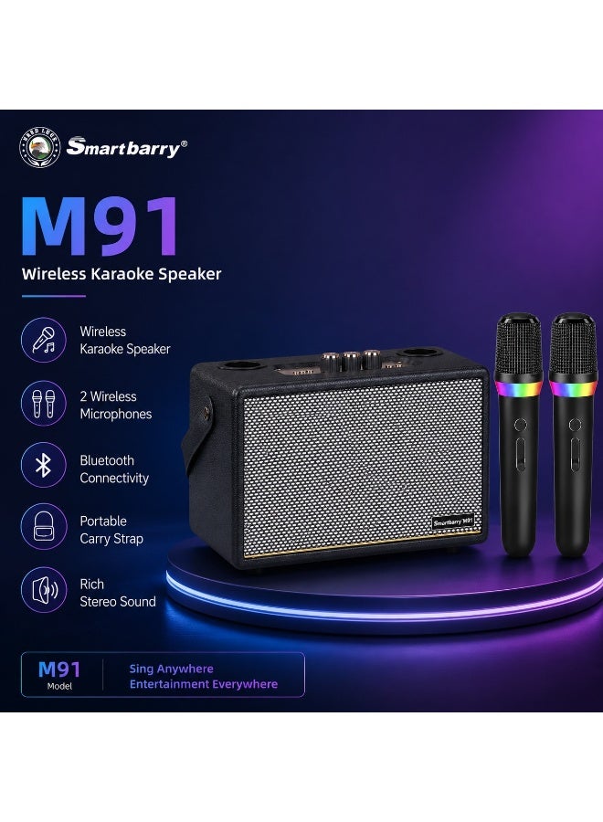 Smartbarry M91 Wireless Karaoke Speaker with 2 Wireless Microphones, Portable Bluetooth Speaker, Retro Style Audio System, USB & AUX Input, Rechargeable Party Speaker for Home Gatherings, Outdoor Events & Family Fun - Image 3