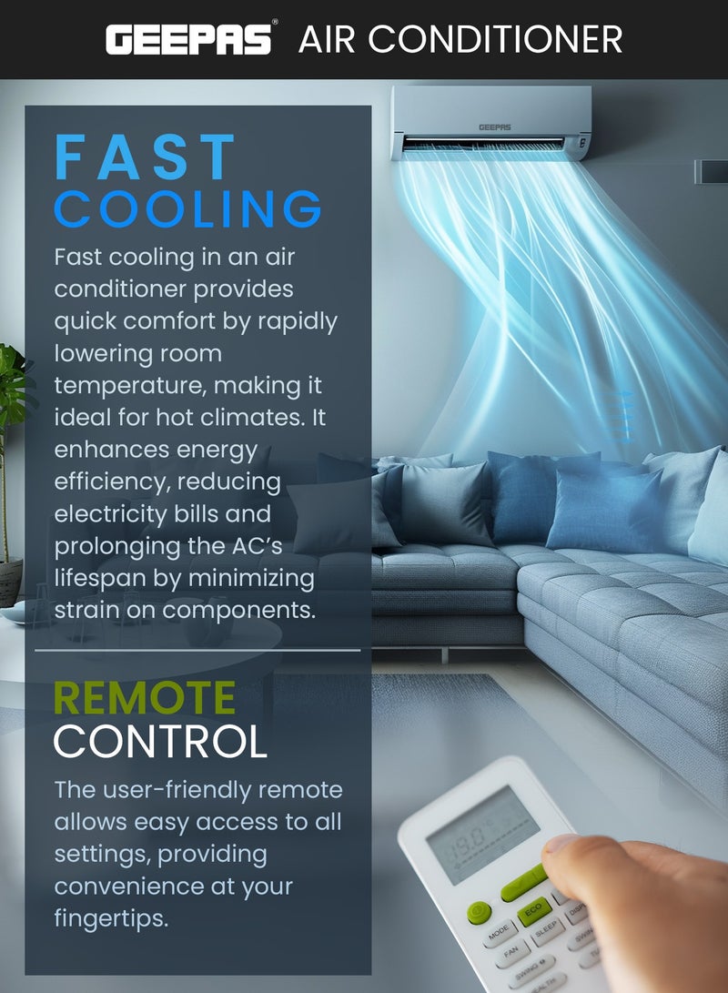 جيباس مكيف هواء سبليت 21,000 وحدة حرارية بريطانية مع ميزات متقدمة: شاشة LED، تحكم عن بُعد، تدفق هواء قوي، تنظيف ذاتي، تشخيص تلقائي، وتكنولوجيا الزعانف الذهبية - Image 2