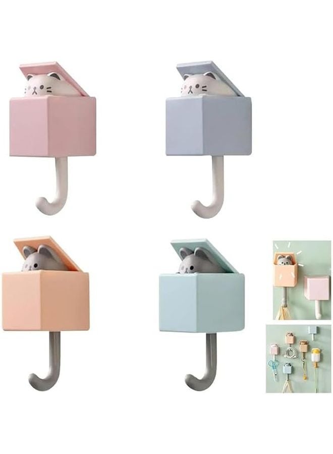 القط الأبيض تصميم خطافات الحائط اللاصقة 4 حزمة للمعطف والقبعة والحقيبة والمنشفة ديكور هدية - Image 1