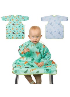 Coverall Baby Feeding Bibs - 2-Pack Long Sleeve Baby Bibs For Eating, Adjustable Weaning Bibs, Waterproof Bib Attaches And Fully Cover To Baby Highchair And Table